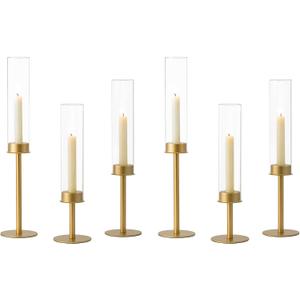 Hewory Gold Candle Holders Hurricane Candlestick Holders, 6Pcs Brass Candle Stick Candle Holder Candelabra, Taper Candle Holders with Glass Candle Cover for Wedding Table Centerpiece Christmas Decor