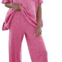 Women's 2 Piece Travel Outfits Casual Short Sleeve Knit Sweater Set Wide Leg Pants Lounge Sets Tracksuit Size S