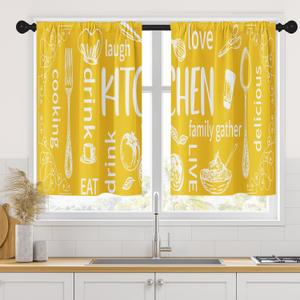 Arttown Yellow Kitchen Curtains 36 Inch Length Modern Window Short Tier Curtains Over Sink Set of 2, White Doodle Abstract Art Small Kitchen Decor