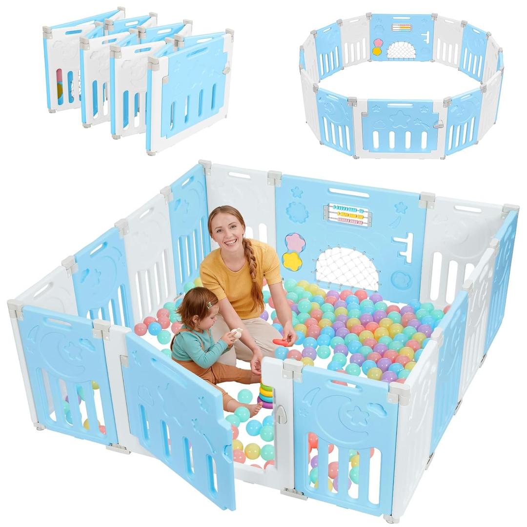 Baby Playpen, Dripex Baby Playard for Babies and Toddlers, 14-Panel Foldable Playpen Adjustable Portable Play Area, Indoor/Outdoor Kids Active Center with Game Panel & Safety Gate, Blue White