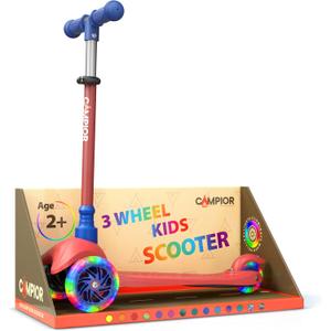 Red & Blue Mini 3 Wheel Scooter for Kids Lean-to-Steer with LED Light-Up Wheels, Adjustable Handlebar, Wide Anti-Slip Deck, Smooth PU Wheels, Rear Foot Brake Toddler Scooter for Ages 2+