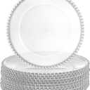 Lawei 12 Pack Clear Plastic Charger Plates with Bead Rim, 13 Inch Plastic Round Serving Plates Decor Dinner Plates for Party Wedding Events Dinner Decoration
