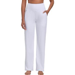 Oalka Women's Wide Leg Yoga Pants High Waist Stretch Sport Sweatpants Casual Dress Pants Petite/Regular/Long (White)