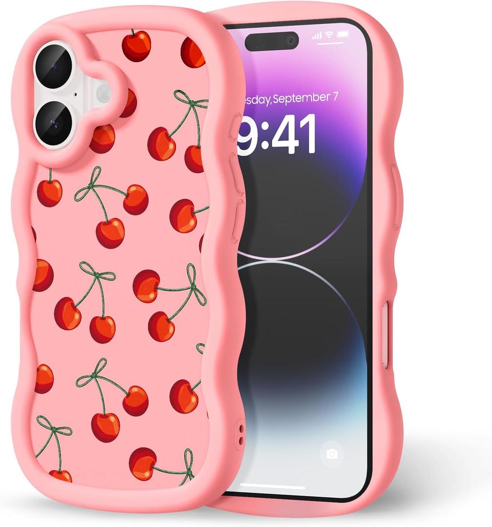 Compatible with iPhone 17 Case for Women Girls, Curly Wavy Frame with Cute Pattern, Aesthetic Slim Soft Silicone TPU Bumper Shockproof Phone Case for iPhone 17 - Bow Cherry