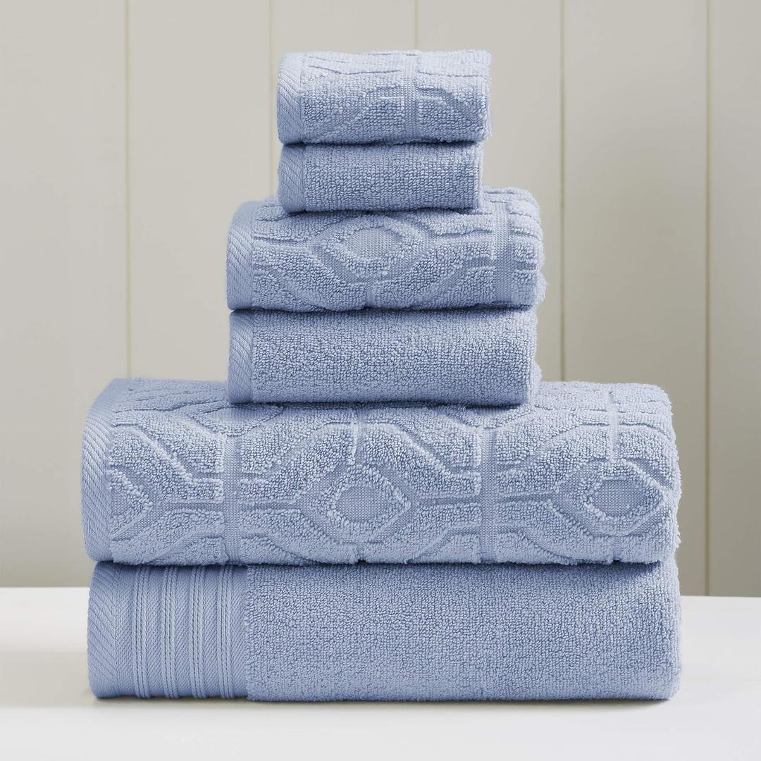 Modern Threads 6 Piece Set, 2 Bath Towels, 2 Hand Towels, 2 Washcloths Yarn Dyed Diamond Gate Jacquard Towel Set Blue (Standard)