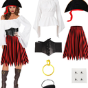 Pirate Costume Adult Halloween Costumes Women Pirate Shirt and Skirt Outfit with Hat Corset Eye Patch Accessories, L-XL