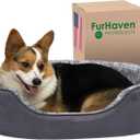 Furhaven Dog Bed for Large/Medium Dogs w/ Removable Washable Cover & Pillow Cushion Insert, For Dogs Up to 30 lbs - Two-Tone Faux Fur & Suede Oval Lounger - Gray, Large