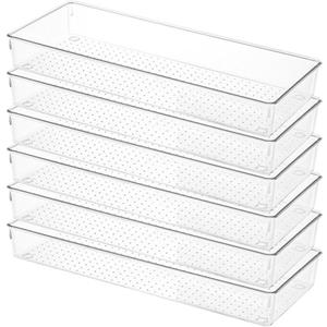 6 Pack Clear Drawer Organizer Trays Plastic Drawer Organizers Set 15 x 6 x 2 Inch Desk Drawer Divider Storage Bins Stackable Drawer Organizer Trays for Dresser Makeup Kitchen Office