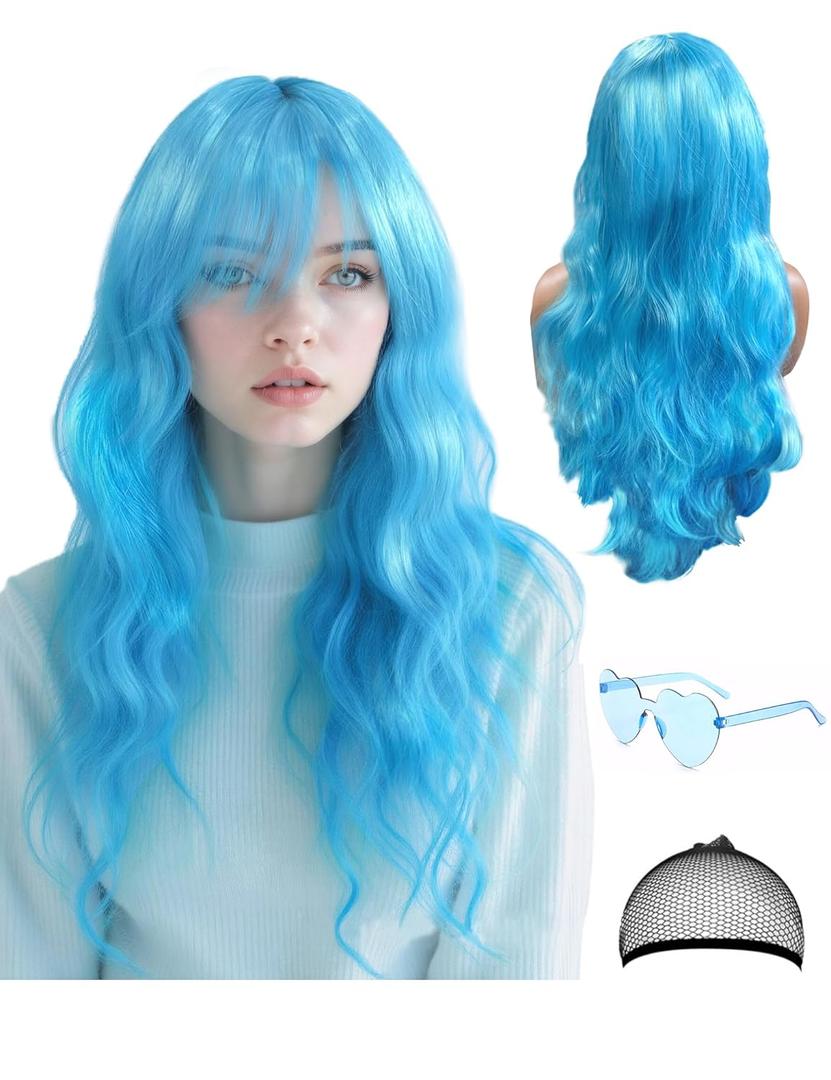28 Inch/70 cm Blue Wig Long Curly Wig and Party Sunglasses, Cosplay Color Wig with Neon Glasses for Women - Bachelorette Party Wigs Decorations Favors (Sky Blue)