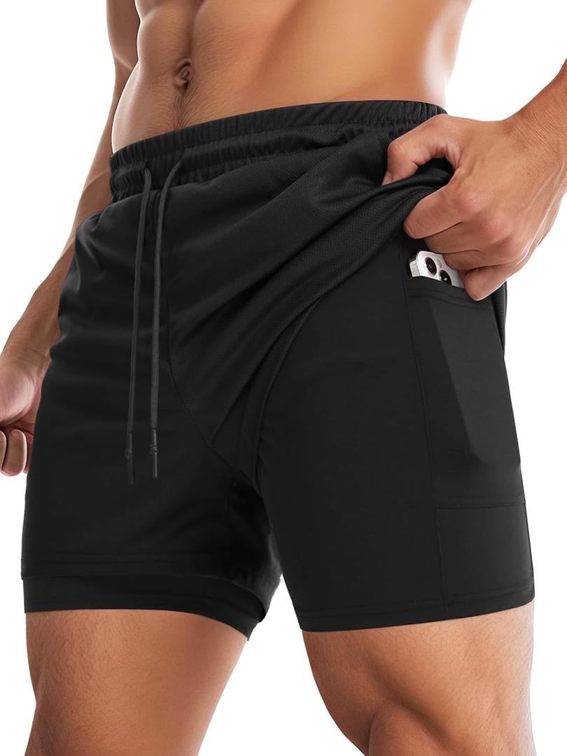 Aolesy Men's Gym Shorts with Liner 5/7 Lightweight Running Shorts Mesh Workout Athletic Shorts with 5 Pockets (Black, L)