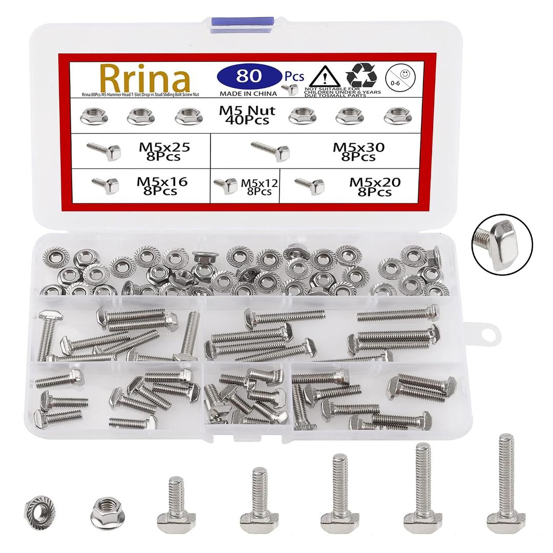 80Pcs Hammer Head T-Slot Drop-in Stud Sliding Bolt Screw Nut Assortment Kit, for European Standard Aluminum Profile (M5-20 Series)