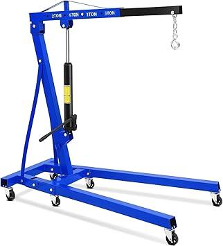 2 Ton Hydraulic Engine Hoist, 4400 LB Foldable Mobile Cherry Picker with 6 Casters & Adjustable Telescopic Booms, Heavy Duty Engine Crane for Garage, Warehouse, Auto Repair, Blue