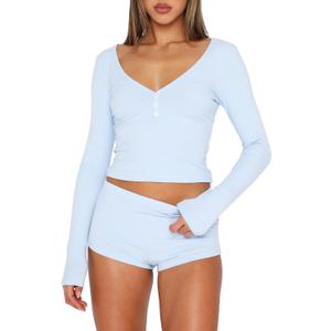REVETRO Fall Womens 2 Piece Pajama Sets Sexy PJ Shorts Y2k V Neck Long Sleeve Lounge Set Sleepwear with Button Down (Medium, Blue)