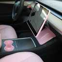 3PCS Center Console Accessories for Tesla Model Y 2021-2024 and Model 3 2021-2023 Cup Holder Insert, Screen Edge Protector Frame, Silicone Wireless Charger Mat, Pink