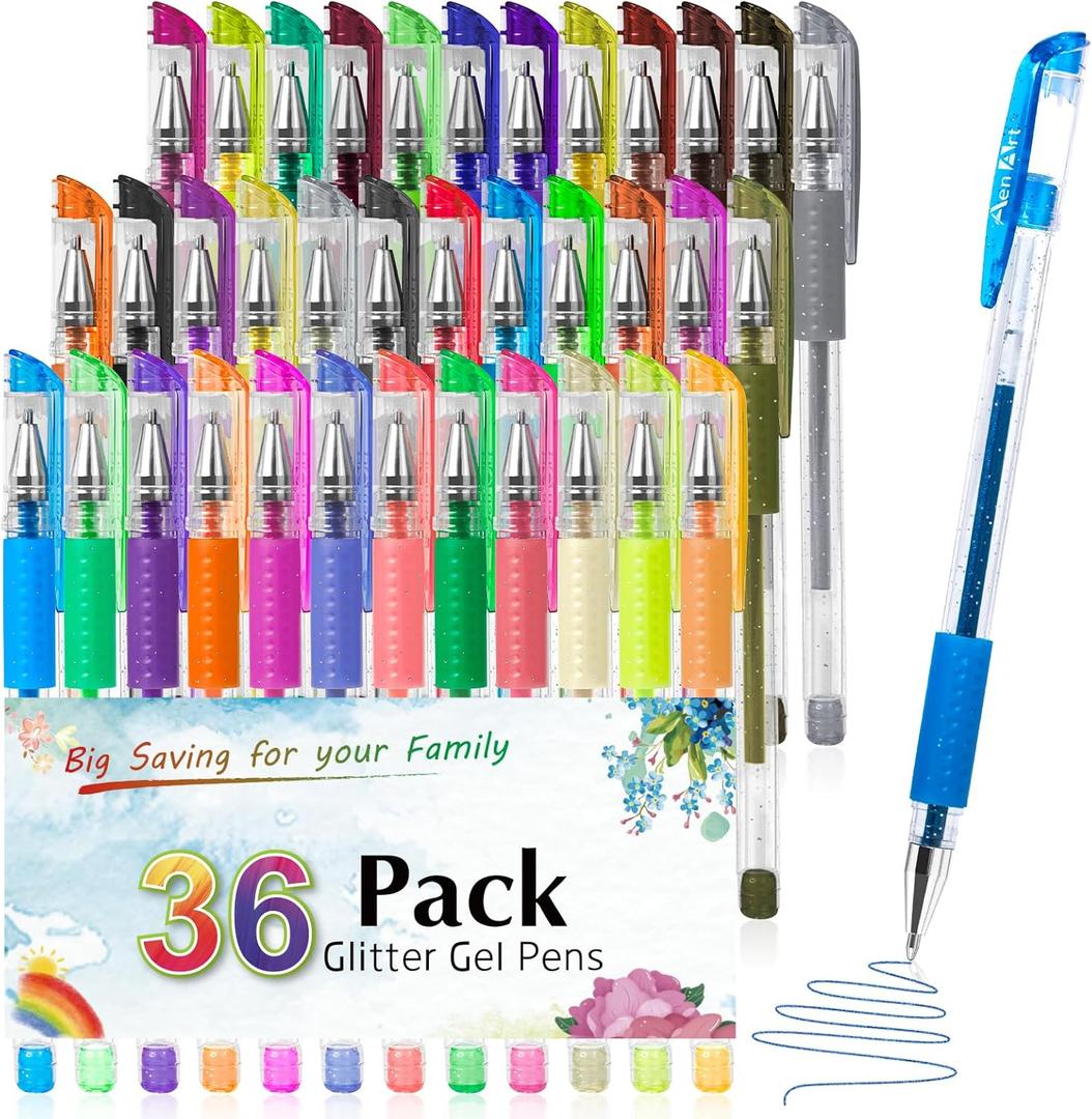 Aen Art Glitter Gel Pens for Adult Coloring Books, 36 Colors Gel Marker Set Colored Pen with 40% More Ink for Kids Drawing, Doodling, Crafts and Taking Note