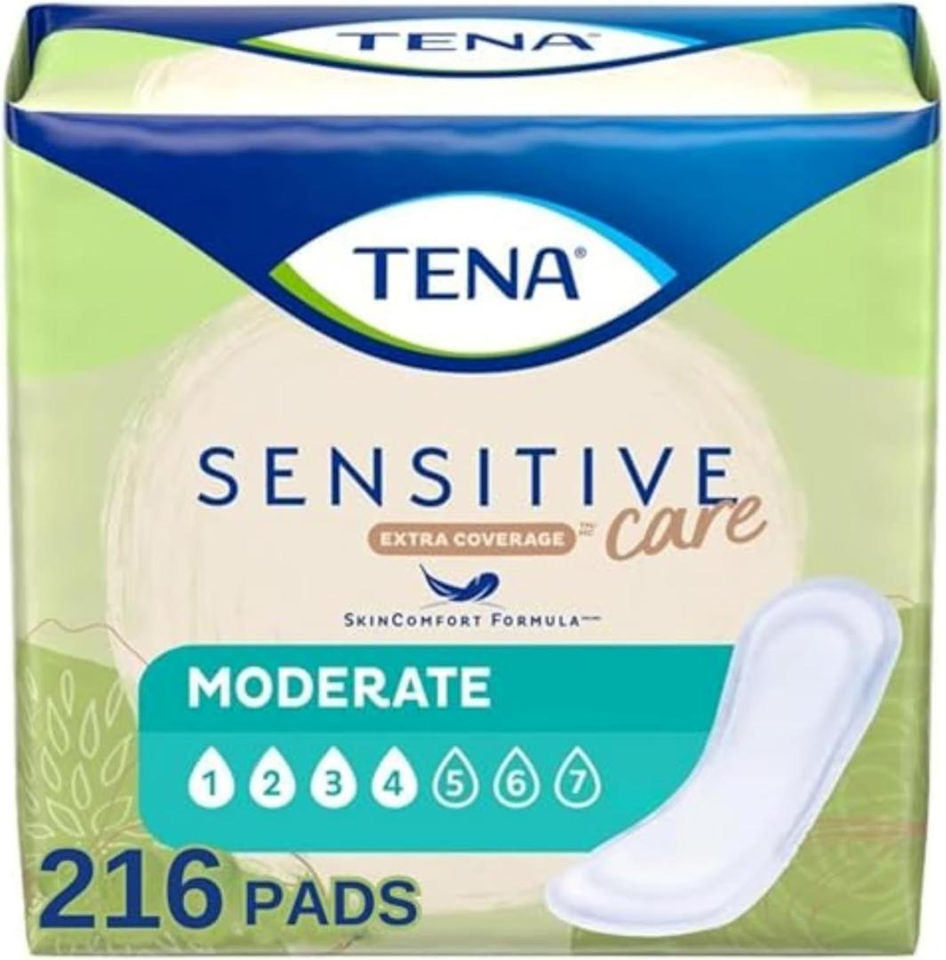 TENA Incontinence Pads, Bladder Control & Postpartum for Women, Moderate Absorbency, Regular Length, Sensitive Care - 216 Count