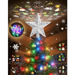 Christmas Tree Topper with 32.8FT Color Light Cord and 6 Projection Modes, Christmas Star Tree Topper Built-in LED Rotating Projector Lights, 3D Glitter Christmas Tree Decorations (Silver)