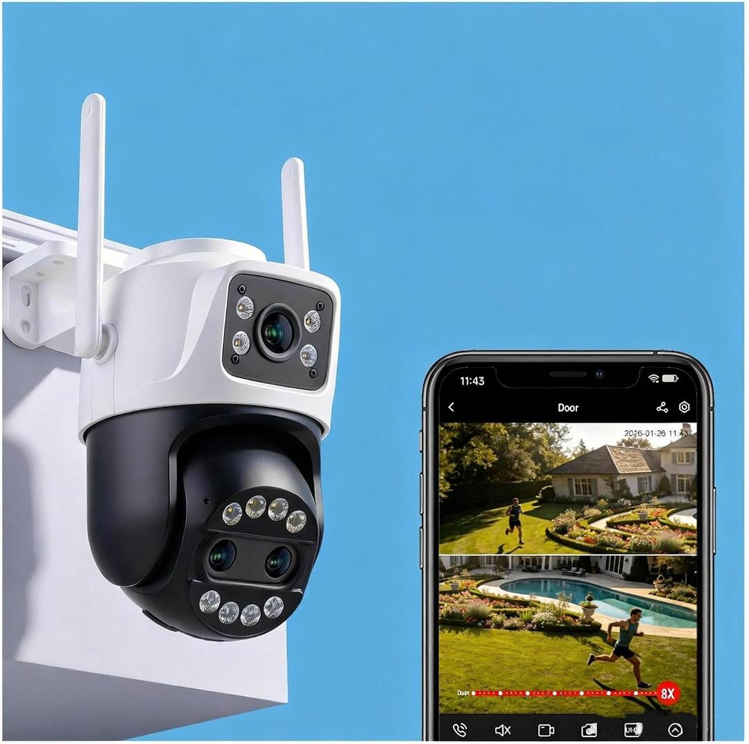 Outdoor Camera 3 Lens, 8X Hybrid Zoom WiFi Security Cameras Wired 24/7 Recording, Pan/Tilt 360View Auto Tracking, Free AI Detection, Color Night Vision, 2 Way Audio, 32GB Local Storage