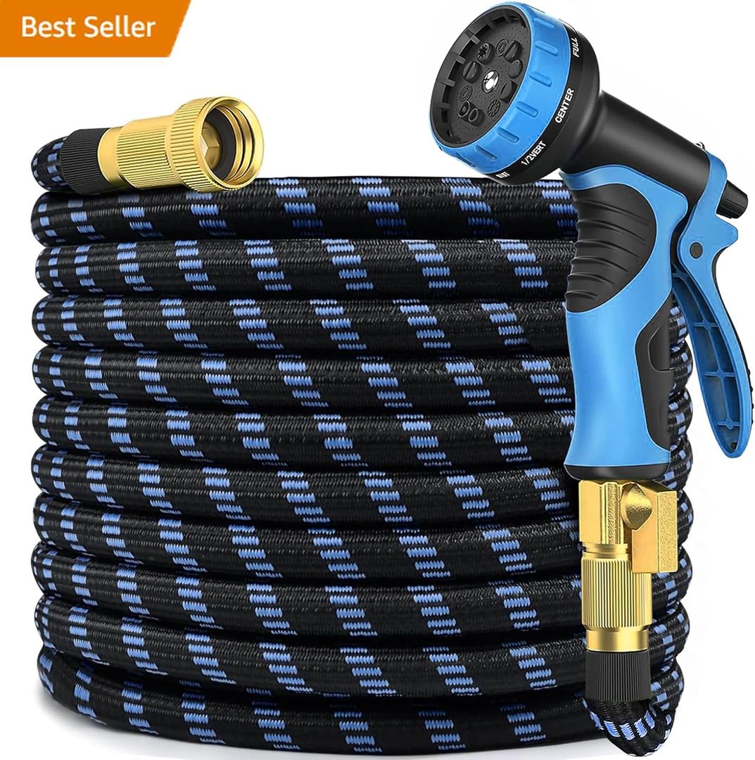 Garden Hose 100 ft, 2025 New Flexible Water Hose 100ft With 10-Pattern Spray Nozzle, Lightweight Hose Pipe, Durable, Kink-Free, Leak-Proof Solid Brass Fittings, Black & Blue