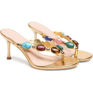 Women's Jeweled Thong Strappy Sandal Summer Mules Kitten Heels Flip Flop Round Open Toe Mid Heels Fashion Wedding Party Dress Thong Casual Shoes (6.5, Gold)