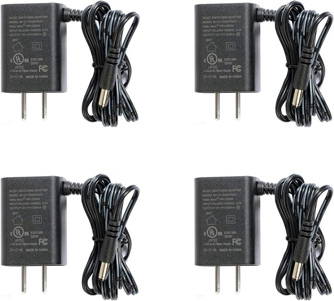 VideoSecu 4 Pack 12V DC 500mA Regulated Power Supplies AC to DC Power Adapters for Security Camera CCTV DVR Surveillance System WVV