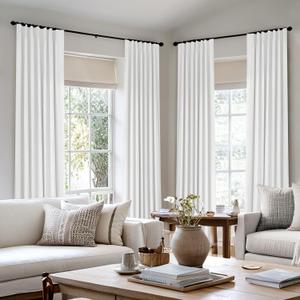MIULEE White Pinch Pleated 100% Blackout Linen Curtains 90 Inch Length 2 Panels Set, Pleat Curtains with Pin Hooks, Black Out Light Blocking Room Darkening Drapes for Bedroom Living Room Window