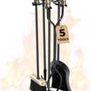 AMAGABELI GARDEN & HOME Fireplace Tools Set 5 Pcs Wrought Iron Indoor with Stand for Fire Place Kit Holder Wood Stove Hearth Accessories Chimney Fire Pit Tongs Shovel Brush Poker Fireset Outdoor Brass
