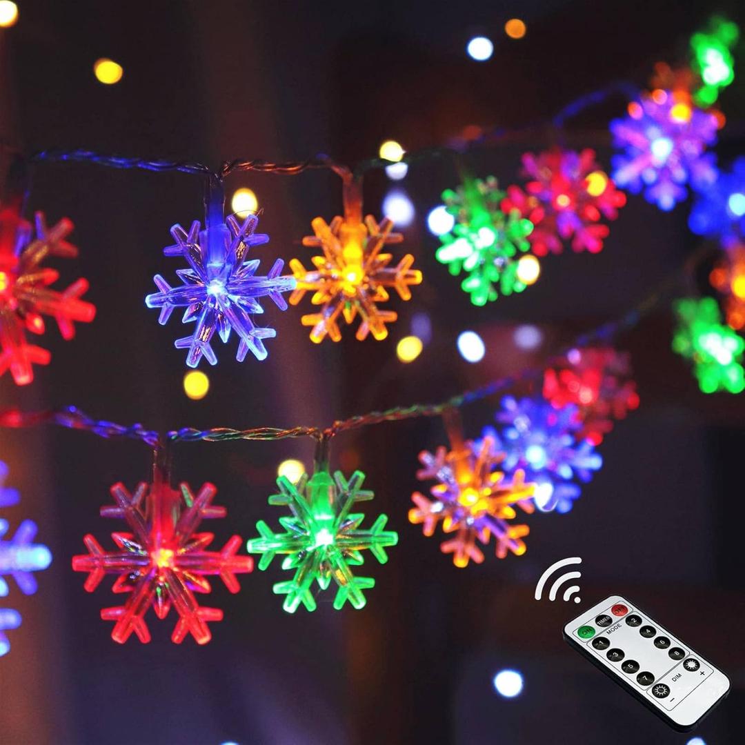 Multi Colored Christmas Lights, 20 FT 40 LED Multicolored Snowflake String Lights, 8 Modes Timer Battery Operated Colorful Fairy Lights Bedroom Party Home Xmas Decor Christmas Tree Decorations