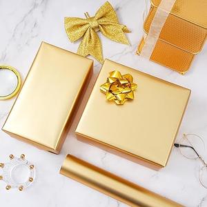 ZINTBIAL Metallic Gold Wrapping Paper Roll with Cut Lines - Solid Gold Holiday Gift Wrap for Graduation, Birthdays, Baby Shower, Wedding, Christmas - 17.5 in x 33 ft (48 sq. ft), Easy to Cut