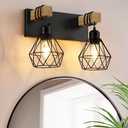 Farmhouse Vanity Light for Bathroom, 2-Light Wood Bathroom Vanity Light Fixtures Over Mirror, Rustic Sconces Wall Lighting with Metal Lampshade for Living Room, Bedroom, Hallway