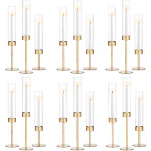 Glass Hurricane Candlestick Holders Gold - Romadedi 18 PCS Taper Candle Holder Bulk Tall Clear Glass Cylinder Table Centerpiece Wedding Decor Party Birthday Christmas Home Decorations