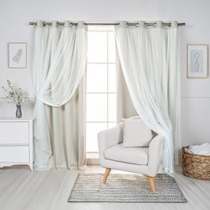 Best Home Fashion Set of 2 Lace Tulle Overlay Thermal Insulated Solid Blackout, Stainless Steel Nickel Grommet Window Panels for Bedroom, Living Room, Dining Room - 52" W x 84" L, Biscuit