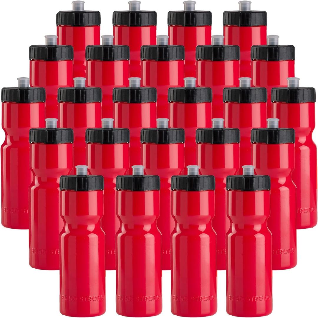 50 Strong Bulk Water Bottles | 24 Pack Sports Bottle | 22 oz. BPA-Free Easy Open with Pull Top Cap | Made in USA | Reusable Plastic Water Bottles for Adults & Kids | Top Rack Dishwasher Safe (Red)
