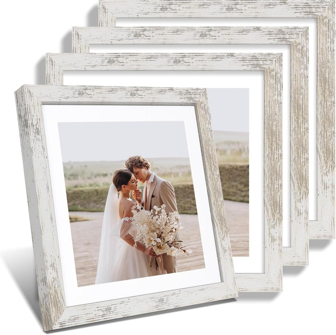 12x12 Picture Frame Set of 4 - Made of Glass and Distressed White Wooden Frame, Display Square Pictures 10x10 with Mat or 12 x 12 without Mat, Desktop & Wall Collage Photo Frame