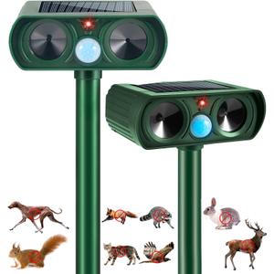 2 Pack 2025 Solar Ultrasonic Animal Repellent Squirrel Fortress Pro Outdoor Deer Repellent Motion Detection, Waterproof Cat Squirrel Mouse Raccoon Dog Rabbit Deterrent for Garden Yard