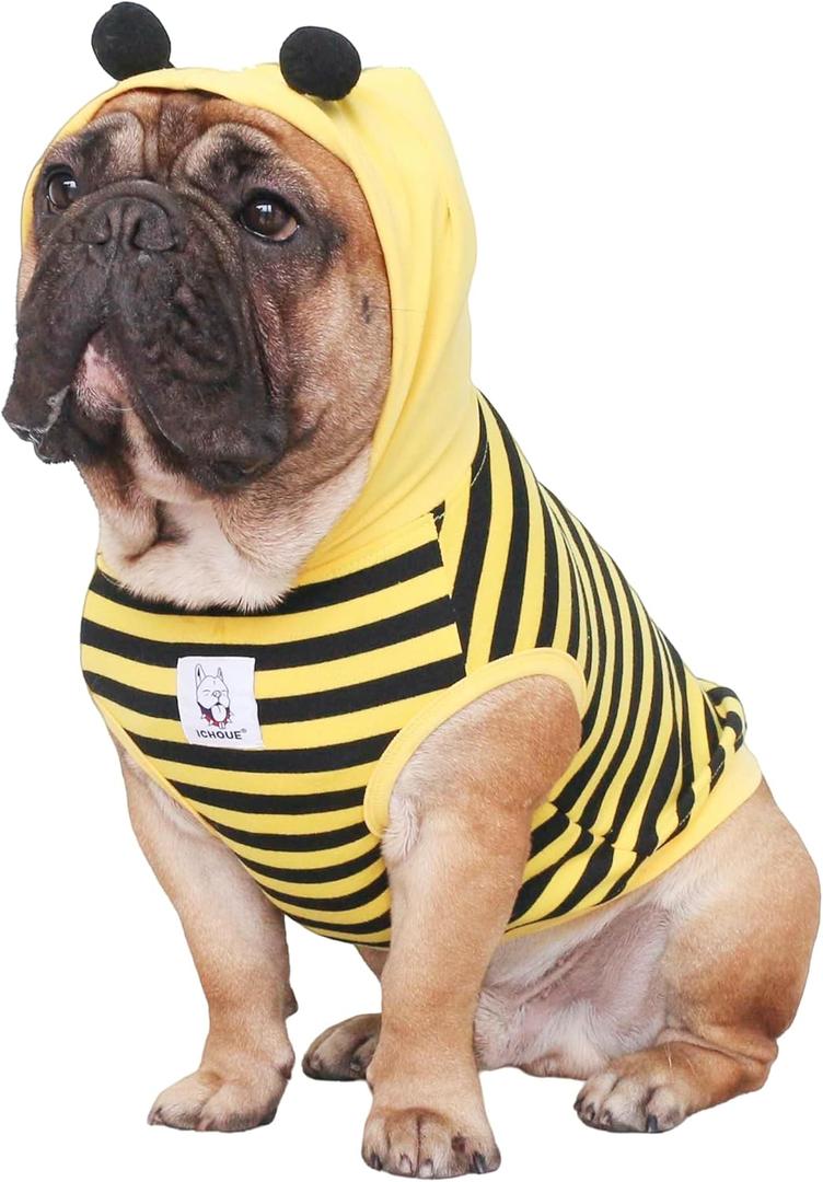 iChoue Pug Bee Honeybee Bumblebee Caterpillar Insect Halloween Costumes Hoodies Sleeveless Clothes Outfits Cosplay Shirts for Dogs French Bulldog Frenchie Boston Puppy - Black Yellow, Small (Small ( 5 - 15 lbs)