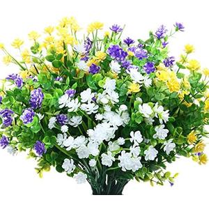 WILLBOND 12 Bundles Artificial Flowers Outdoor, UV Resistant Faux Artificial Plants Shrubs Plastic Flower Bulk for Hanging Planter Porch Window Home Spring Summer Decor(Yellow, Purple, White)