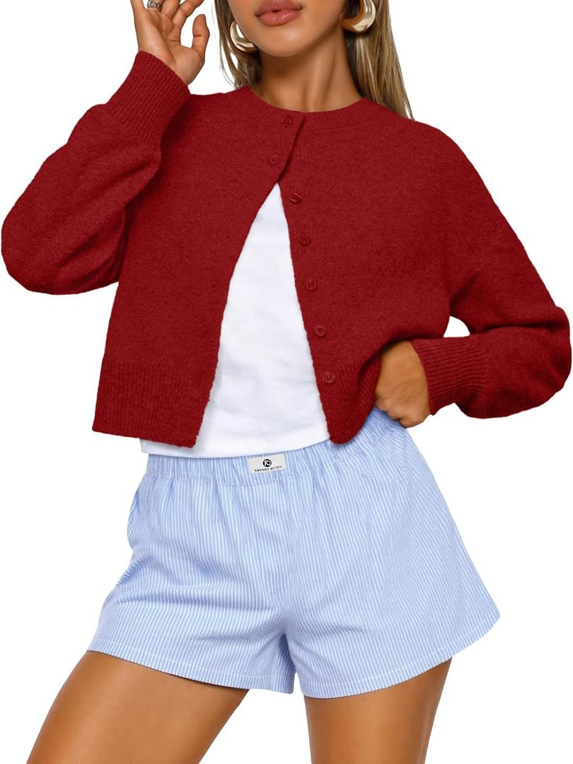 Trendy Queen Cropped Cardigan Sweaters for Women Lightweight Y2k Fall Outfits Spring Fashion Clothes 2026 (Medium, Red)