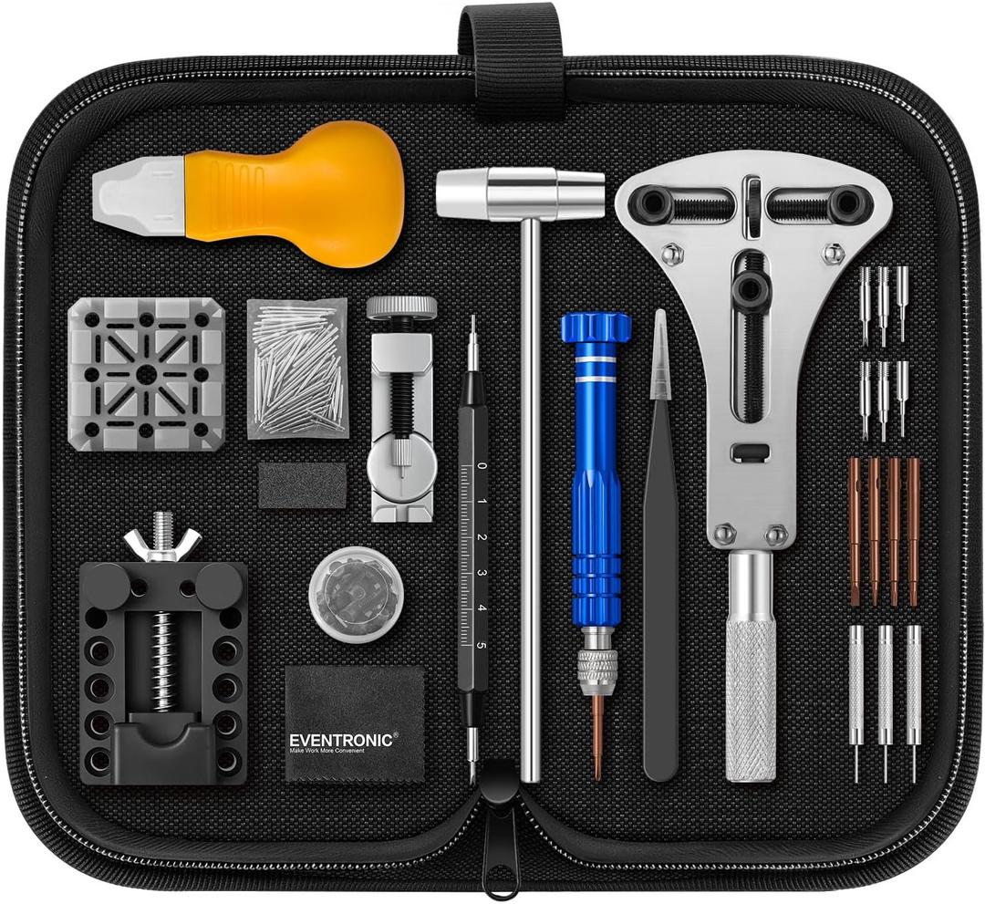 2025 UpgradeEventronic Watch Repair Kit, Professional Watch Battery Replacement Tool Kit, Watch Link & Back Removal Tool, Watch Tool Kit with Spring Bar, Case Opener, Link Remover, Carrying Case (142pcs)