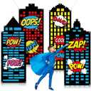 4 Pcs Large Fabric Super Themed Hero Banner Super City Party Decoration City Skyline Building Hanging Backdrop Colorful Skyscraper Party Supplies for Kids Boys Birthday Baby Shower Porch Wall Decor