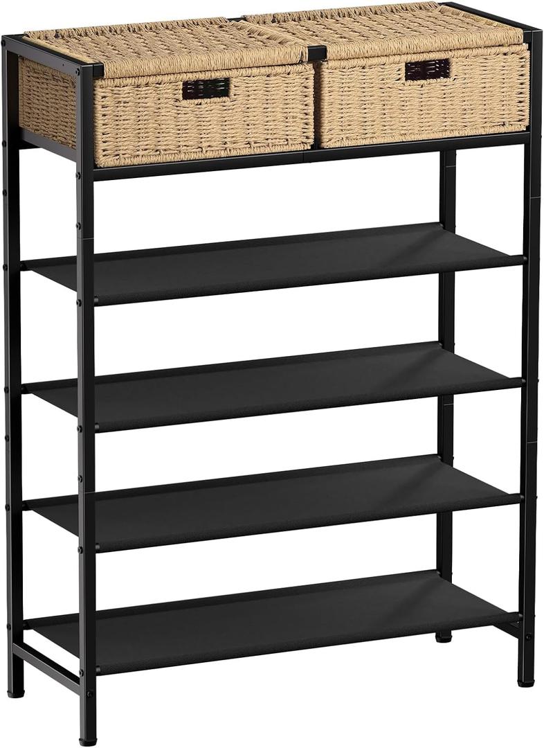Shoe Rack, 5 Tier Shoe Storage Organizer with 2 Hand Woven Drawers, Metal Shoe Shelf for 16-20 Pairs of Shoes, with 4 Fabric Shelves and Woven Top, Shoe Stand for Closet Entryway, Rustic Oak