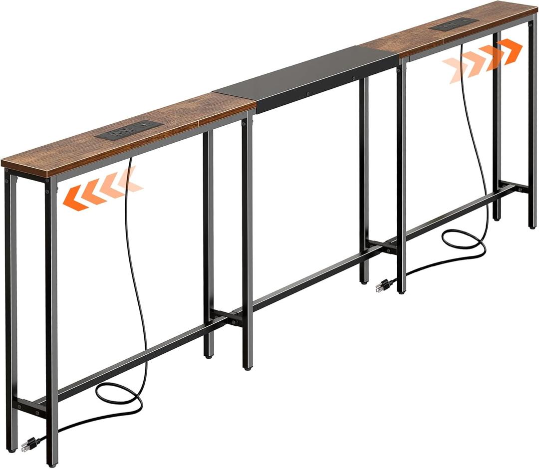 Huuger Narrow Sofa Table with 2 Power Outlets, 86.6-110.2 Inch Adjustable Length, Behind the Couch Table with USB-C Port, Long Entryway Console Table, Anti-tip Kit, for Living Room, Rustic Brown