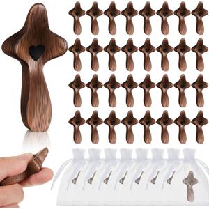 Threehoney 40 Pcs Cross My Heart, Encouragement Gift Small Wooden Handheld Pocket Crosses in Bulk with Organza Bag Wood Fingertip Stress Fidget Relief Religious Craft for Christians Prayer Church
