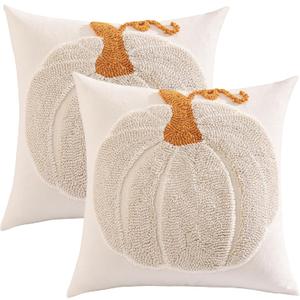 Tosleo Halloween Throw Pillow Covers 18x18 inch Set of 2 Halloween Beige Pumpkin with Orange Root Embroidered Pillow Cases Thanksgiving Home Party Pumpkin Fall Decor Pillowcases Square Cushion Covers