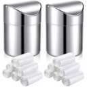 2 Pcs Desk Trash Can with Swing Lids, 12 Rolls of Trash Bags, 2L Brushed Stainless Steel Countertop Garbage Bin Small Wastebasket with Lid for Office Desk, Coffee Table(Silver)