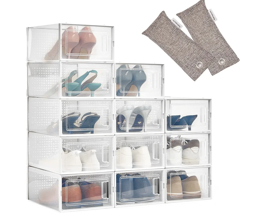 HomeBuddy Shoe Organizer Box - 12 Pack Shoe Box, Stackable Sneaker Storage, Sturdy Shoe Containers with Back Ventilation, Clear Shoe Boxes - Bamboo Charcoal Deodorizers Included, 3 Packs