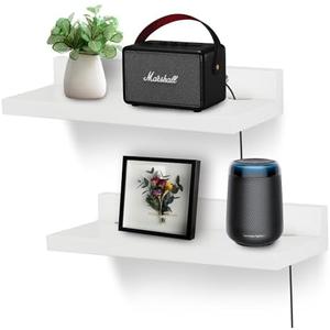 NIUBEST Small Floating Shelf for Wall,9 Inch Wall Mounted Shelf with Cord Hole,Small Display Shelves for Cameras, Webcam, Router,Smart Speaker,Action Figures-2 Pcs（White）