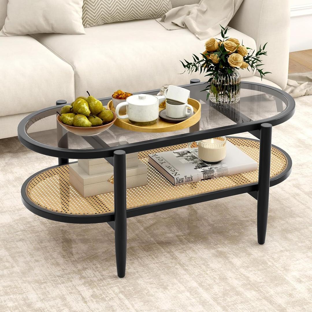 Giantex Rattan Coffee Table, 2-Tier Oval Wood Tea Table with Tempered Glass Tabletop & PE Rattan Storage Shelf, 40" Boho Cocktail Tables, Mid Century Modern Center Table for Living Room Office, Black