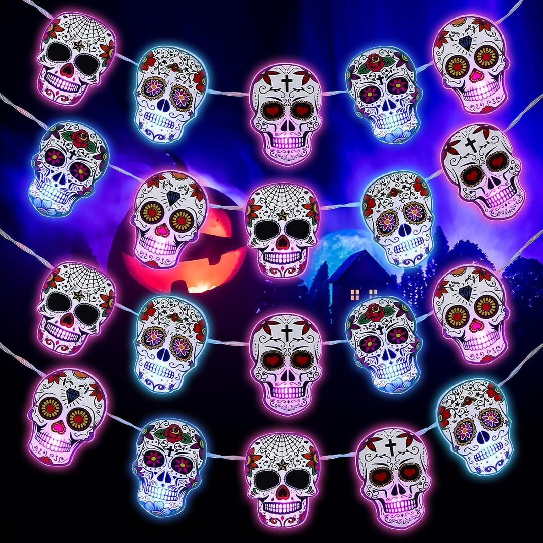 Ganeen Halloween Skull Decorations Halloween Suger Skull String Lights 10 ft 20 LED Day of The Dead Skeleton Hanging LED Lights Battery Operated Dia De Los Muertos Indoor Outdoor Decor Ganeen Halloween Skull Decorations Halloween Suger Skull String Lights 10 ft 20 LED Day of The Dead Skeleton Hanging LED Lights Battery Operated Dia De Los Muertos Indoor Outdoor Decor