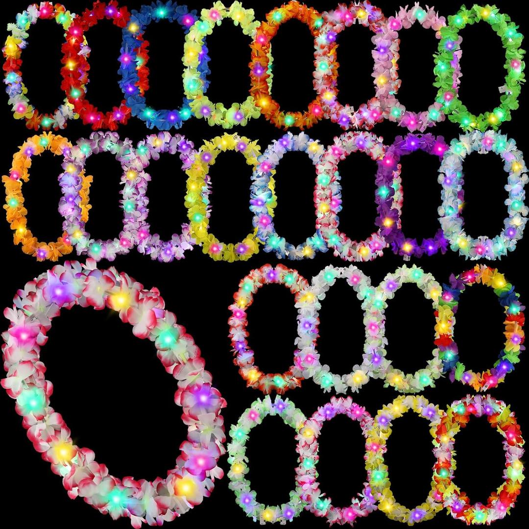 Sherr 48 Pcs LED Hawaiian Leis Light up Flower Leis Necklace with LED Lights Luau Flowers Necklaces for Masquerade Beach Wedding Tropical Themed Party Supplies(Bright Colors)
